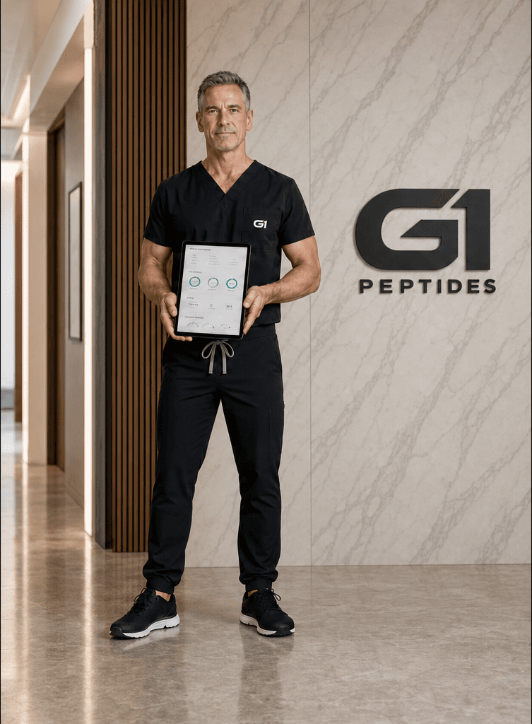 A G1 Peptides provider in black scrubs reviewing the patient-monitoring dashboard on a tablet in a modern med spa clinic